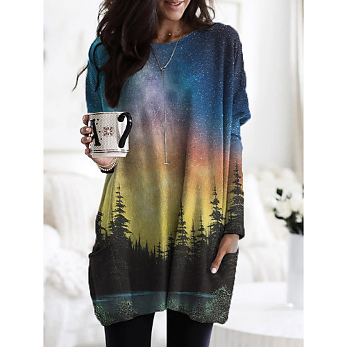 

Women's T Shirt Dress Tee Dress Short Mini Dress Blue Long Sleeve Print Print Fall Spring Round Neck Casual 2021 S M L XL XXL 3XL / Plus Size