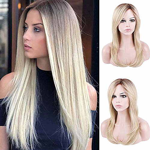 

natural straight ombre blonde wig brown roots heat resistant synthetic fiber hairpieces full wig with free part hair bang for women
