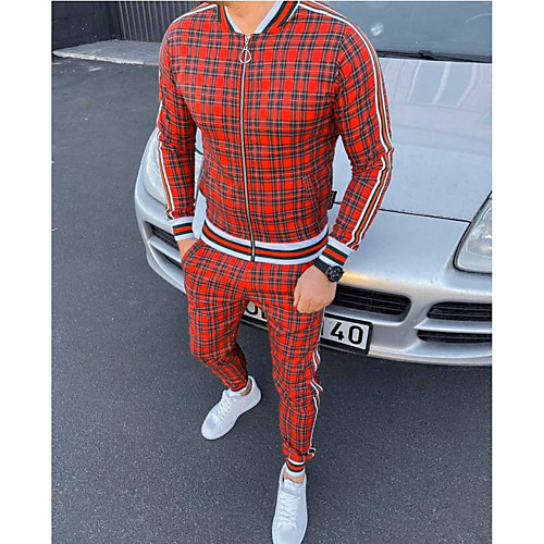 

Men's 2 Piece Full Zip Tracksuit Sweatsuit Street Casual Long Sleeve 2pcs Cotton Thermal Warm Breathable Soft Gym Workout Running Jogging Training Exercise Sportswear Plaid Checkered Normal Outfit