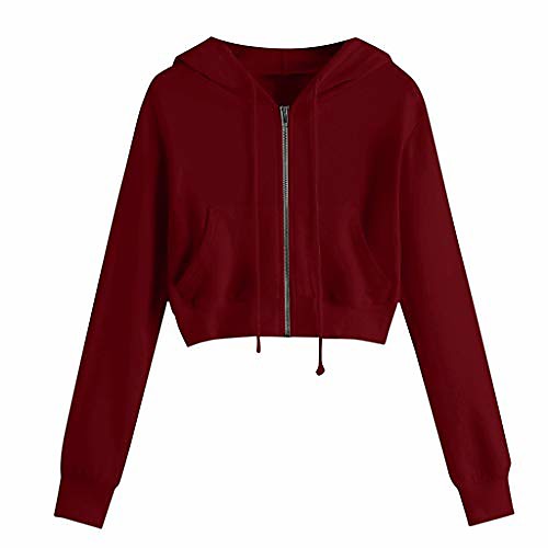 

women's zip up cropped hoodie drawstring long sleeve casual sports workout crop top sweatshirt hooded jacket wine