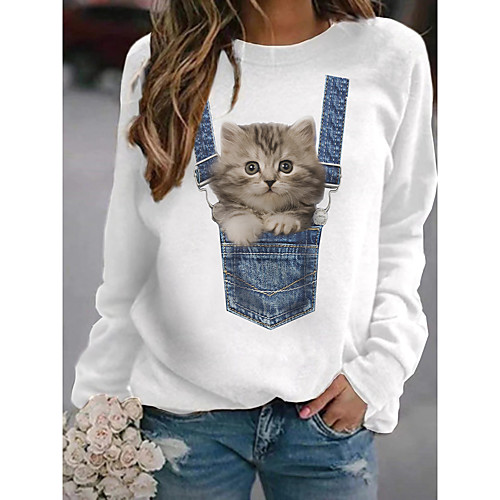 

Women's Pullover Sweatshirt Cat Graphic 3D Print Daily 3D Print Basic Casual Hoodies Sweatshirts White Black Light gray