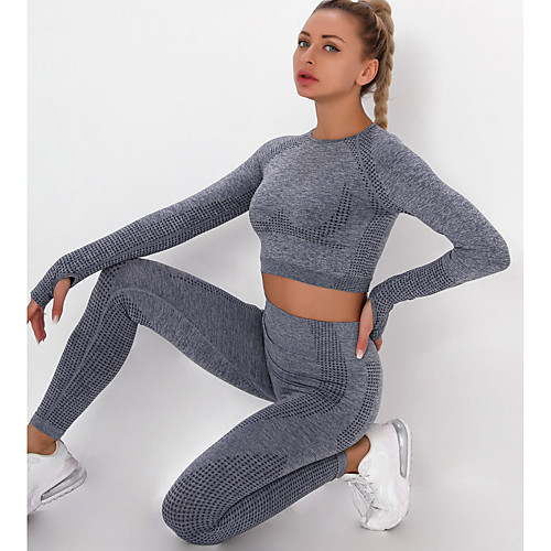

Women's 2pcs Yoga Suit Seamless Thumbhole Fashion Black Purple Pink Fitness Gym Workout Running High Waist Leggings Crop Top Long Sleeve Sport Activewear Tummy Control Butt Lift Quick Dry High