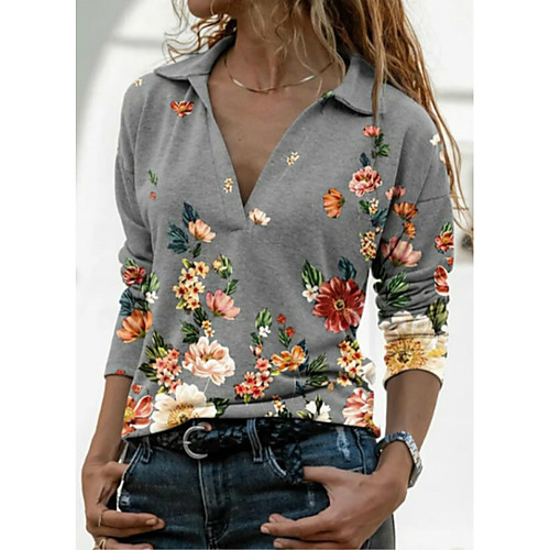 

Women's Floral Women's Hoodies Long Sleeve Sweater Cardigans Shirt Collar Fall Spring White Black Blue