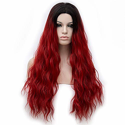 

long synthetic wigs with free wig cap dark roots natural curly wig heat resistant fiber hair for women (wine red)