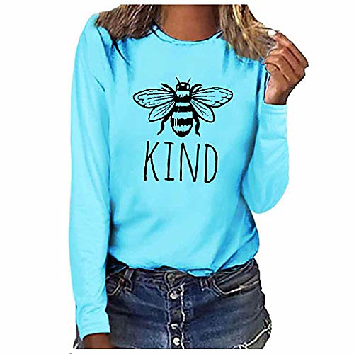

womens bee kind tshirts long sleeve 2020 casual cute garphic print crewneck shirts blouse tee tops plus size s-3xl blue