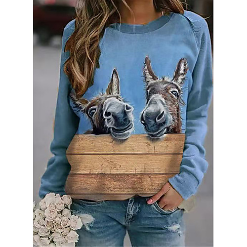 

Women's T shirt Graphic 3D Donkey Long Sleeve Print Round Neck Tops Basic Basic Top Blue