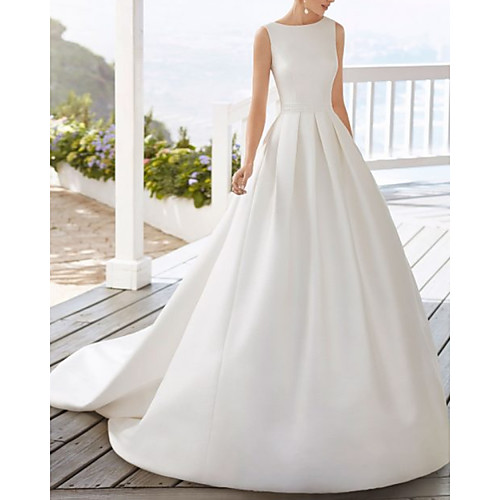 

A-Line Wedding Dresses Jewel Neck Court Train Satin Sleeveless Country Simple with Pleats 2021