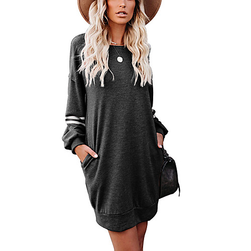 

Women's T Shirt Dress Tee Dress Short Mini Dress Black Wine Green Gray Long Sleeve Striped Solid Color Pocket Fall Spring Round Neck Casual 2021 S M L XL