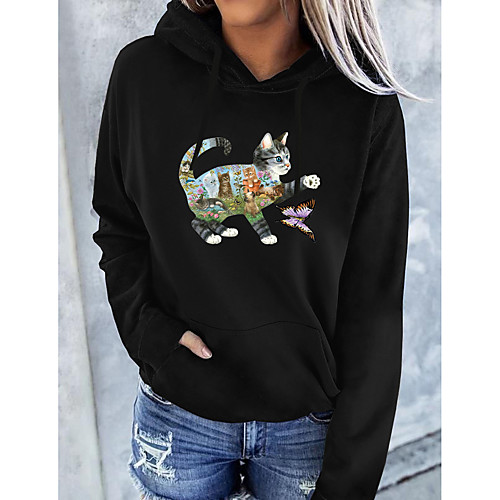 

Women's Pullover Hoodie Sweatshirt Cat Cartoon Graphic Front Pocket Print Daily Basic Casual Hoodies Sweatshirts White Black