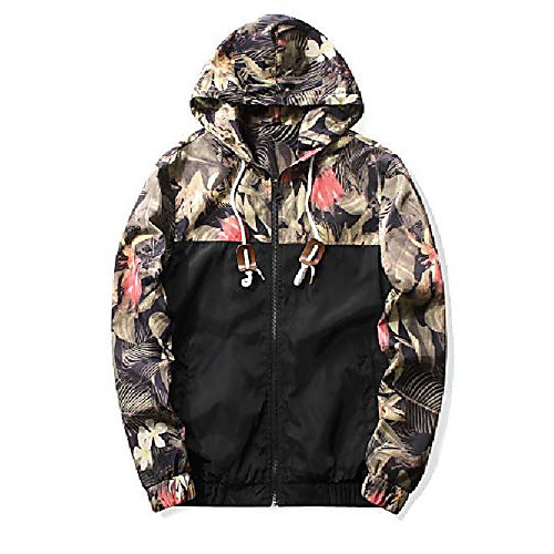 

men's floral windbreaker hooded lightweight zip-up jacket (black,s)