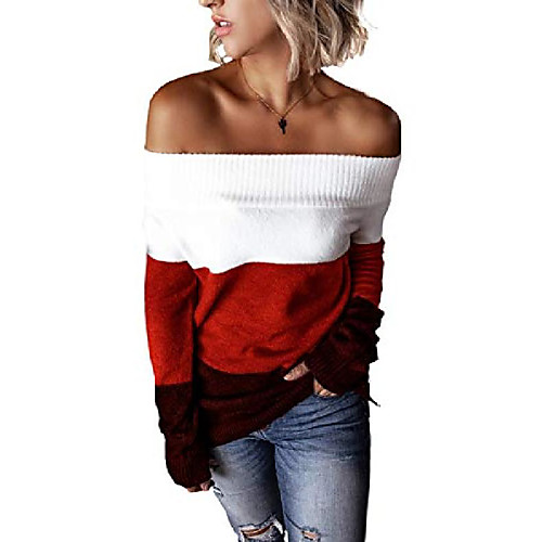 

sweater women off shoulder sexy long sleeve top stripes color block casual sweatshirt knitted sweater red x-large