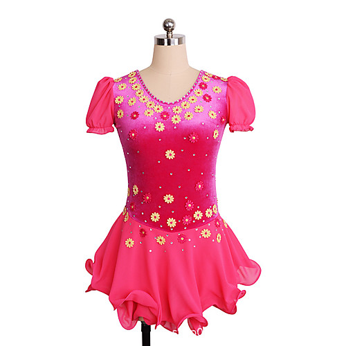 

Figure Skating Dress Women's Girls' Ice Skating Dress Fuchsia Flower Asymmetric Hem Spandex High Elasticity Training Competition Skating Wear Crystal / Rhinestone Short Sleeve Ice Skating Figure