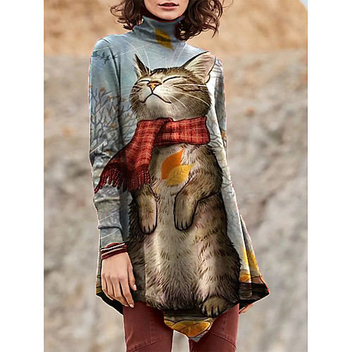 

Women's T Shirt Dress Tee Dress Short Mini Dress Long Sleeve Cat Color Block Animal Patchwork Print Fall Winter Casual Christmas 2021 Blue S M L XL XXL 3XL 4XL 5XL