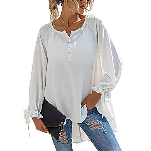 

women's fashion high low tunic tops long sleeve button down loose irregular hem chiffon blouse shift tops (white, large)
