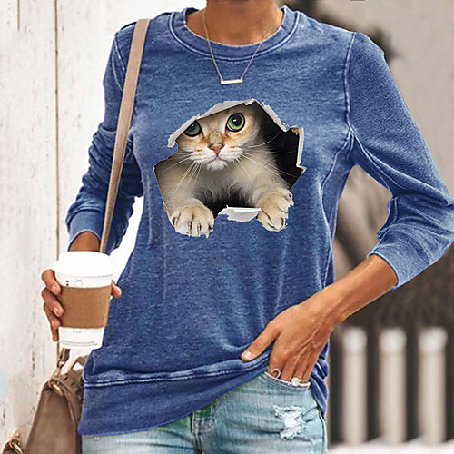 

Women's T shirt Cat Graphic 3D Long Sleeve Print Round Neck Tops Basic Basic Top Black Blue Yellow