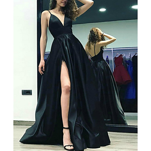 

A-Line Minimalist Sexy Wedding Guest Formal Evening Dress Spaghetti Strap Sleeveless Sweep / Brush Train Satin with Sleek Split 2021