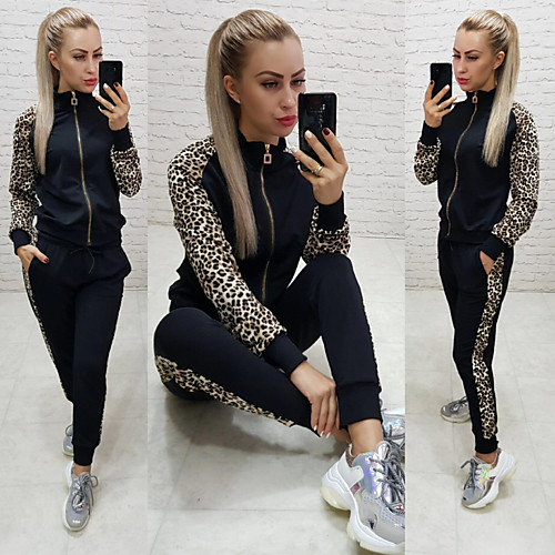 

Women's 2 Piece Full Zip Tracksuit Sweatsuit Athletic Athleisure 2pcs Winter Long Sleeve Thermal Warm Moisture Wicking Breathable Fitness Gym Workout Running Jogging Exercise Sportswear Leopard Normal