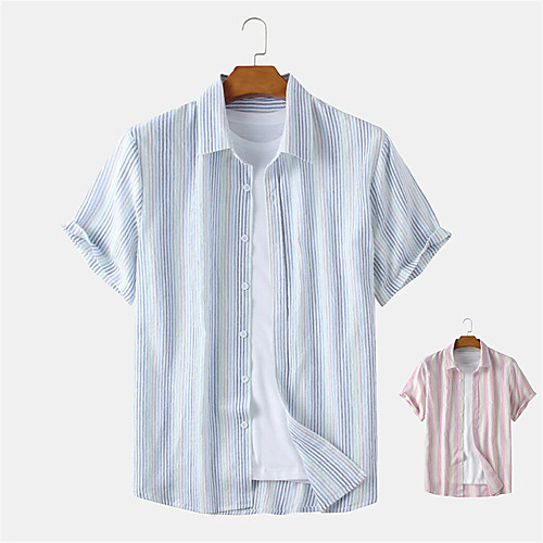 

Men's Shirt Other Prints Striped Button-Down Print Short Sleeve Daily Tops 100% Cotton Casual Blue Red