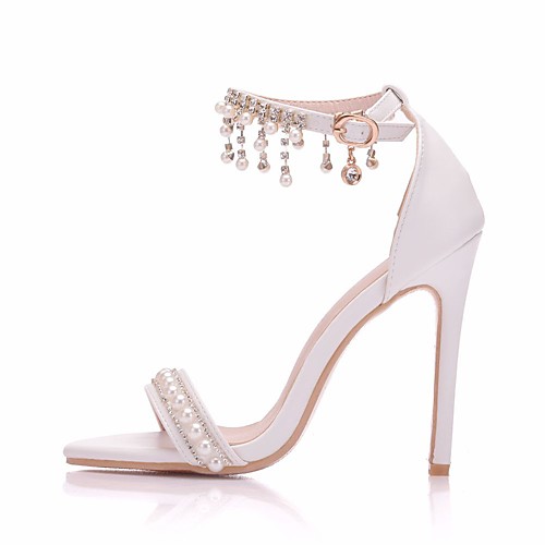 

Women's Wedding Shoes Pumps Open Toe Wedding Pumps Business Sexy Minimalism Wedding Party & Evening PU Pearl Buckle Tassel Solid Colored White