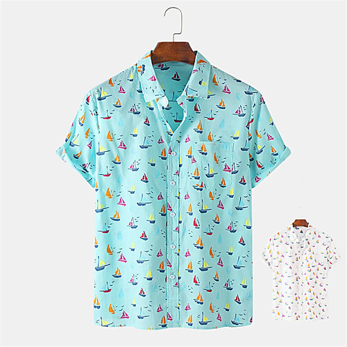 

Men's Shirt Other Prints Cartoon Button-Down Print Short Sleeve Daily Tops 100% Cotton Casual Hawaiian White Blue