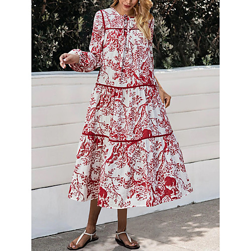 

Women's Swing Dress Midi Dress Red Long Sleeve Print Print Fall Winter Round Neck Casual Vintage Lantern Sleeve 2021 S M L XL