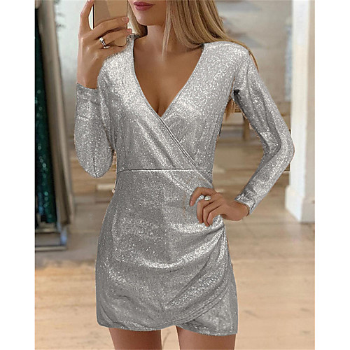 

Women's Prom Dress Bodycon Knee Length Dress - Long Sleeve Solid Colored Sequins Deep V Deep V Hot Sexy Going out Slim Rose Gold Black Purple Yellow Wine Gold Green Silver Gray S M L XL XXL