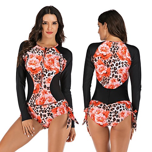 

Women's One Piece Swimsuit Rash Guard Elastane Swimwear Breathable Quick Dry Long Sleeve Front Zip - Swimming Surfing Water Sports Painting Autumn / Fall Spring Summer