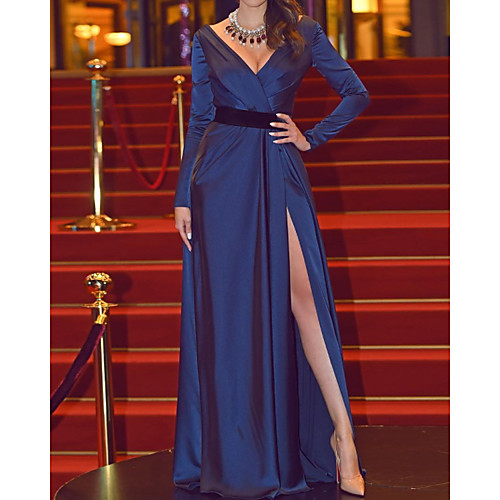 

A-Line Minimalist Sexy Engagement Formal Evening Dress V Neck Long Sleeve Floor Length Stretch Satin with Split 2021