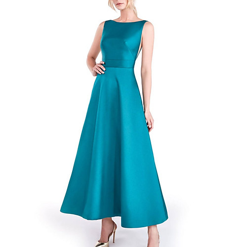 

A-Line Beautiful Back Elegant Prom Formal Evening Dress Boat Neck Sleeveless Ankle Length Satin with Sleek 2021