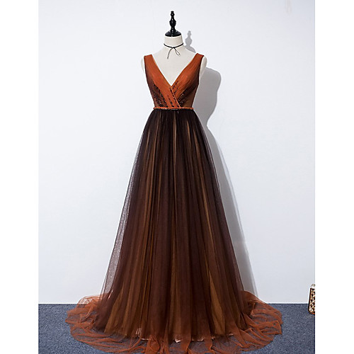 

A-Line Color Block Sexy Engagement Prom Dress V Neck Sleeveless Sweep / Brush Train Tulle with Crystals Beading 2021