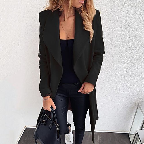 

Women's Solid Colored Basic Spring & Fall Trench Coat Long Going out Long Sleeve Cotton Blend Coat Tops Black