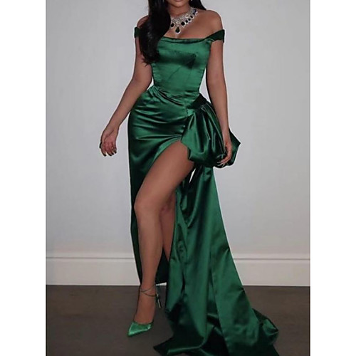 

Sheath / Column Celebrity Style Sexy Prom Formal Evening Dress Off Shoulder Sleeveless Sweep / Brush Train Satin with Split 2021