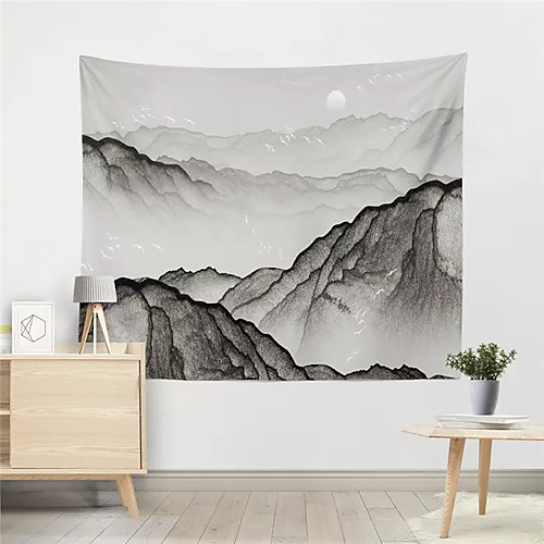 

Chinese Ink Painting Style Wall Tapestry Art Decor Blanket Curtain Hanging Home Bedroom Living Room Decoration Landscape River Mountain Crane Sun