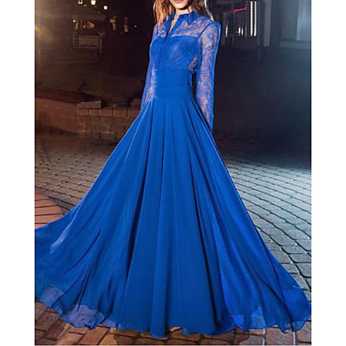 

A-Line Empire Elegant Wedding Guest Formal Evening Dress Shirt Collar Long Sleeve Floor Length Chiffon Lace with Ruched 2021