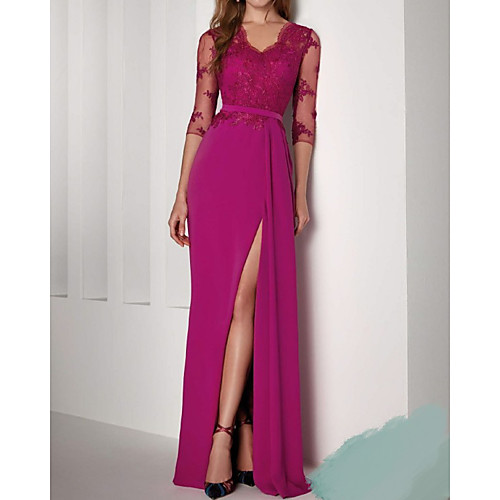

Sheath / Column Empire Floral Wedding Guest Formal Evening Dress V Neck 3/4 Length Sleeve Floor Length Stretch Satin with Split 2021