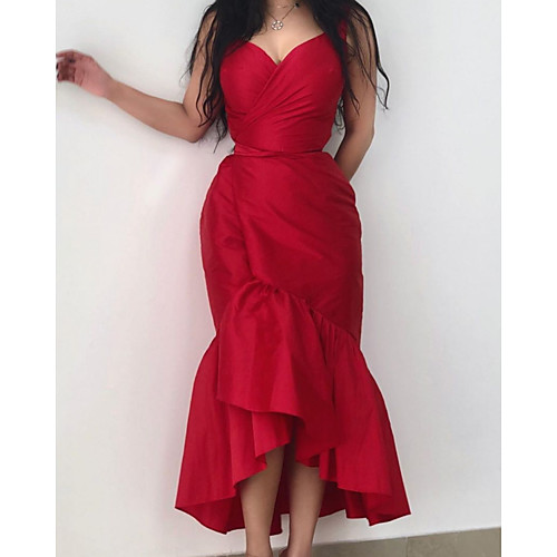 

Sheath / Column Minimalist Sexy Engagement Cocktail Party Dress V Neck Sleeveless Asymmetrical Taffeta with Ruffles 2021