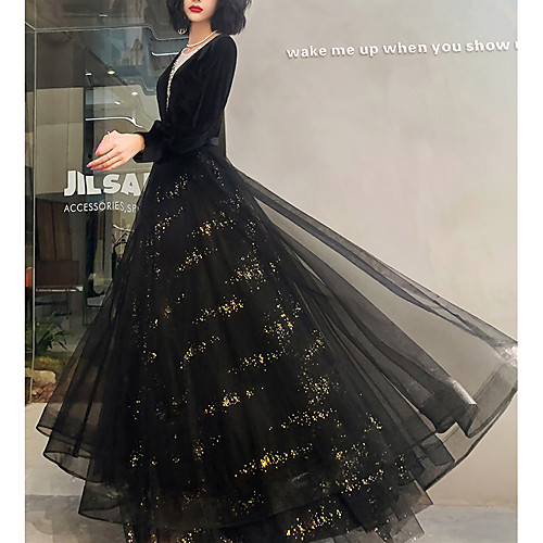 

A-Line Glittering Vintage Wedding Guest Formal Evening Dress V Neck Long Sleeve Floor Length Tulle with Pleats Sequin 2021