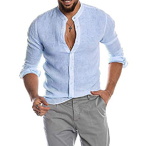 

Mens Linen Shirts Casual Button Down Shirt Long Sleeve Banded Collar Lightweight Beach Plain Tops