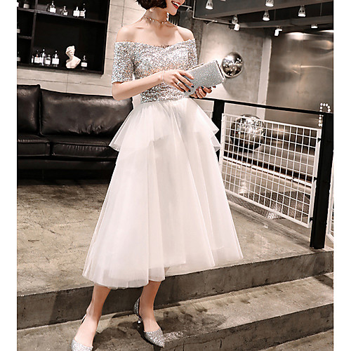 

A-Line Color Block Sparkle Homecoming Prom Dress Off Shoulder Half Sleeve Tea Length Sequined with Sequin 2021