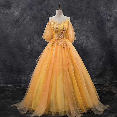 

Ball Gown Elegant Floral Quinceanera Prom Dress Spaghetti Strap Half Sleeve Floor Length Tulle with Pleats Appliques 2021