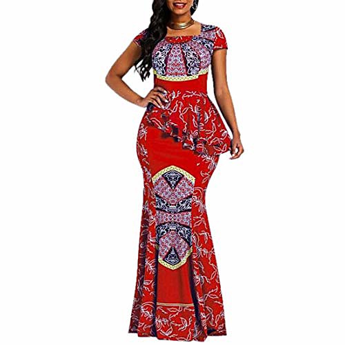 

Afrikanisches Kleid mit Flügelärmeln und quadratischem Ausschnitt, bodenlang, geometrisches Meerjungfrauen-Maxikleid (Medium, Rot)