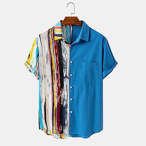 

Men's Shirt Other Prints Striped Button-Down Short Sleeve Daily Tops 100% Cotton Casual Hawaiian Blue Yellow Light Blue