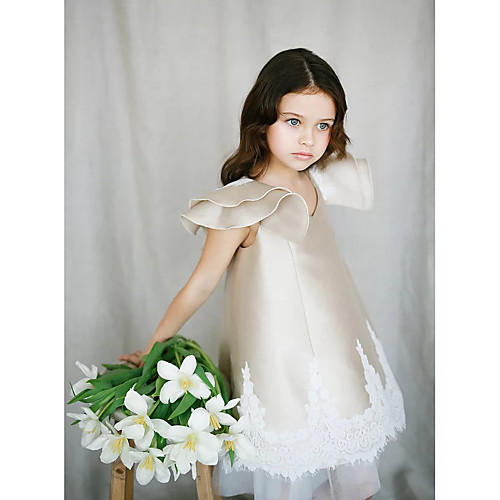 

Princess / Ball Gown Knee Length Wedding / Party Flower Girl Dresses - Lace / Satin Short Sleeve Jewel Neck with Ruffles / Appliques