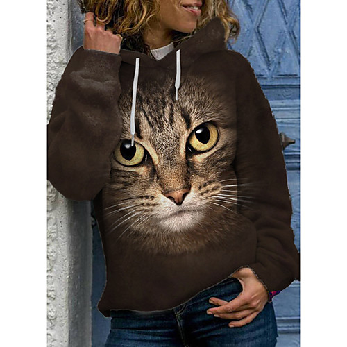 

Women's Pullover Hoodie Sweatshirt Cat Graphic 3D Front Pocket Print Daily 3D Print Basic Casual Hoodies Sweatshirts Brown