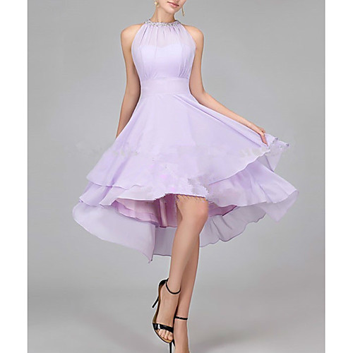 

A-Line Flirty Elegant Homecoming Cocktail Party Dress Halter Neck Sleeveless Asymmetrical Chiffon with Crystals Tier 2021