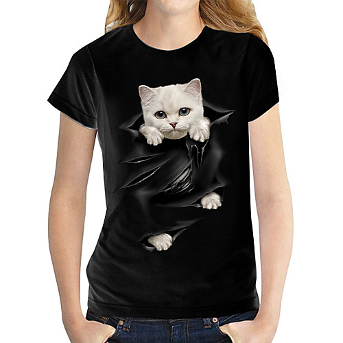 

Women's T shirt Cat Graphic 3D Print Round Neck Tops 100% Cotton Basic Basic Top White Black