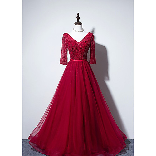 

A-Line Beautiful Back Sparkle Engagement Formal Evening Dress V Neck Half Sleeve Floor Length Tulle Sequined with Sequin 2021
