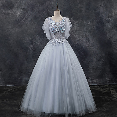 

Ball Gown Luxurious Floral Quinceanera Prom Dress Jewel Neck Short Sleeve Floor Length Tulle with Pleats Appliques 2021