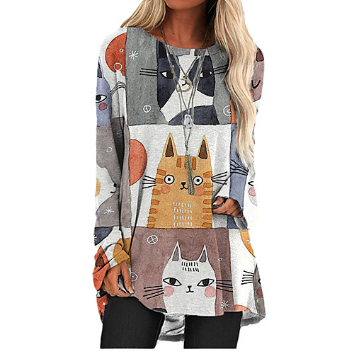 

Women's T Shirt Dress Tee Dress Short Mini Dress Long Sleeve Cat Animal Print Fall Spring Casual 2021 Gray S M L XL XXL 3XL