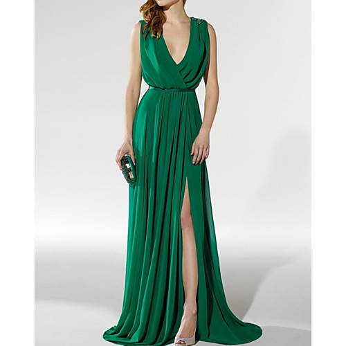 

A-Line Empire Sexy Wedding Guest Formal Evening Dress V Neck Sleeveless Sweep / Brush Train Chiffon with Pleats Split 2021